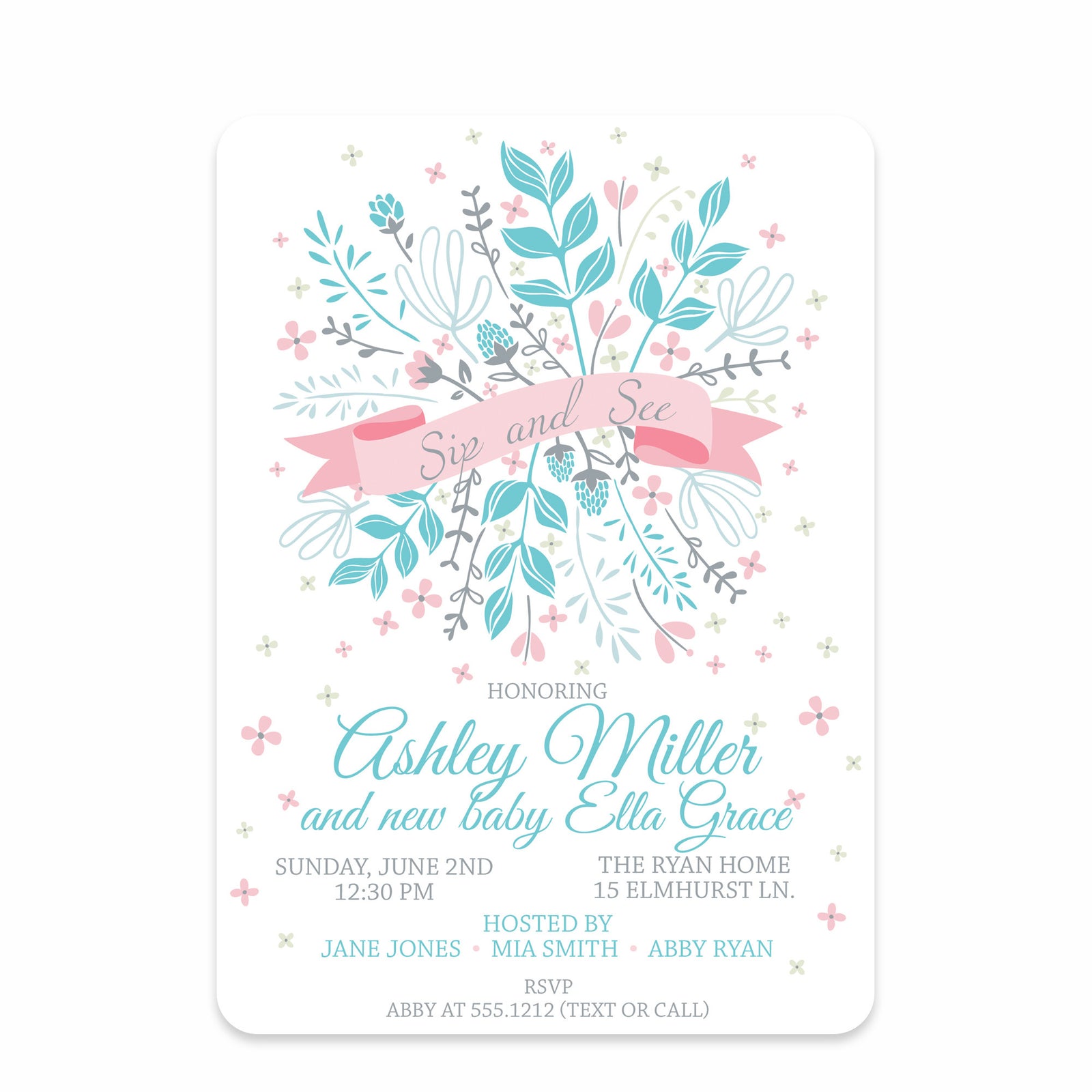 Floral Ribbon Sip And See Invitation