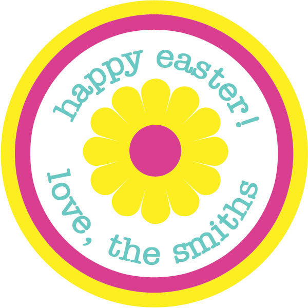 Round flower gift stickers in pink and yellow for Easter