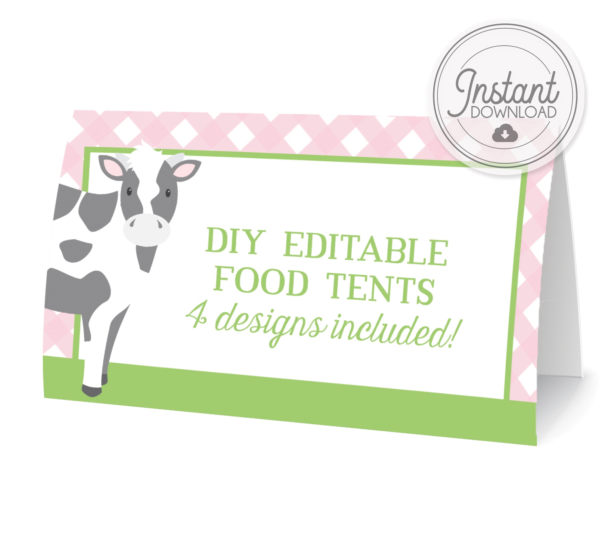 DIY Printable Farm Party Food Tents, Cow, Pink Green Gingham, Templett, PIPSY.COM