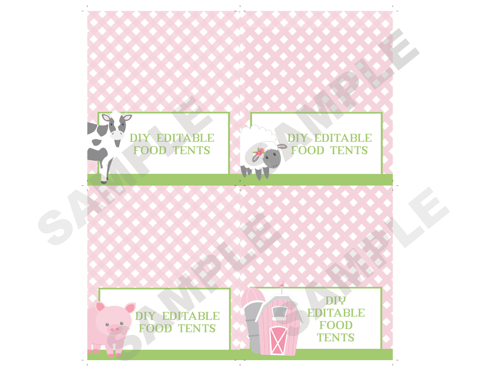 DIY Printable Farm Party Food Tents, Cow, Pink Green Gingham, Templett, PIPSY.COM