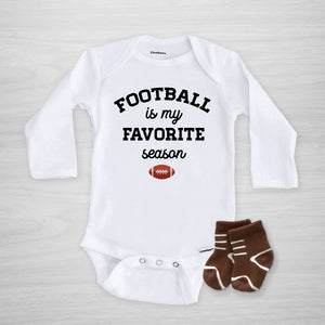 Football is my favorite season Gerber Onesie®. White onesie with black text and football illustration. Text can be changed to your favorite team colors on request, long sleeved, Pipsy.com