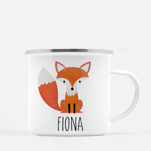 Kids camp mug, personalized with a sweet fox, silver lip
