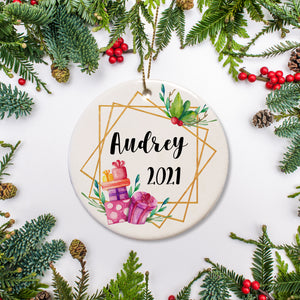 Square geometric frame with colorful presents and holly. Personalized with name and year of your choice| Pipsy.com