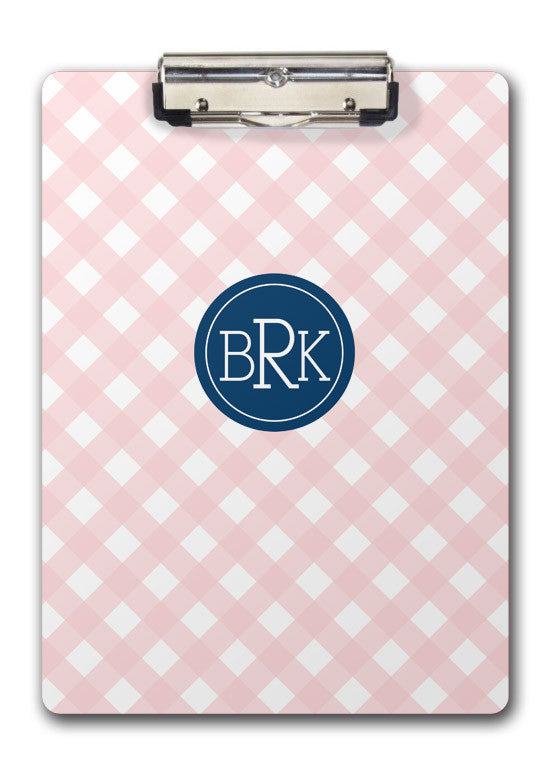Pink gingham two sided clipboard with monogram on navy medallion