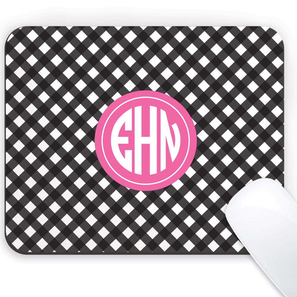Gingham in black with hot pink monogram medallion mouse pad