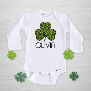 Leopard Cheetah Print shamrock St. Patrick's Day Onesie, Personalized, long sleeved
