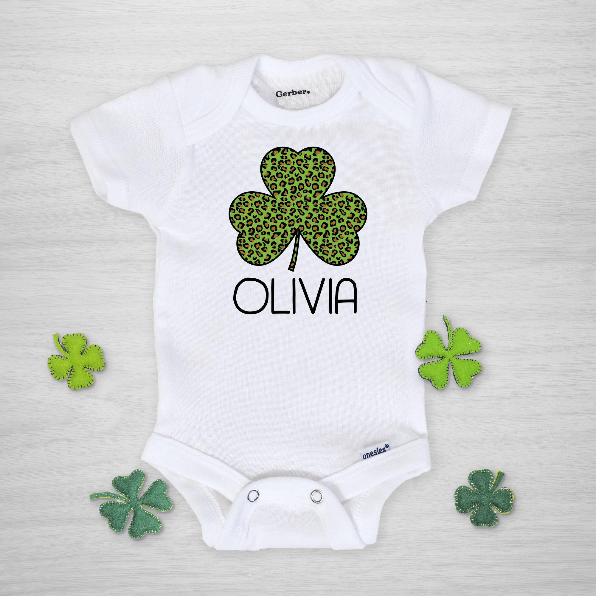 Leopard Cheetah Print shamrock St. Patrick's Day Onesie, Personalized, long sleeved