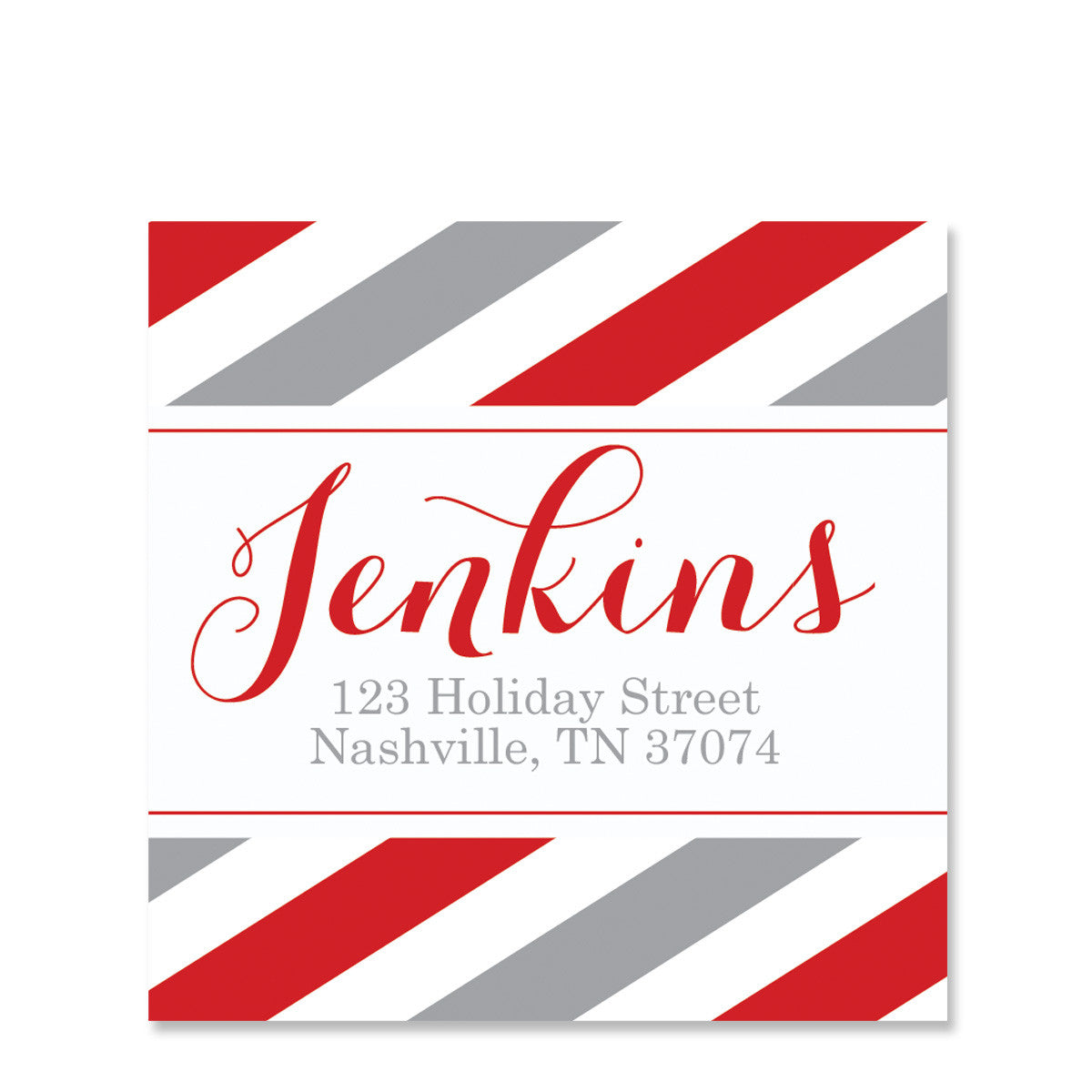 Grey and Red Striped Return Address Sticker | Swanky Press | Square