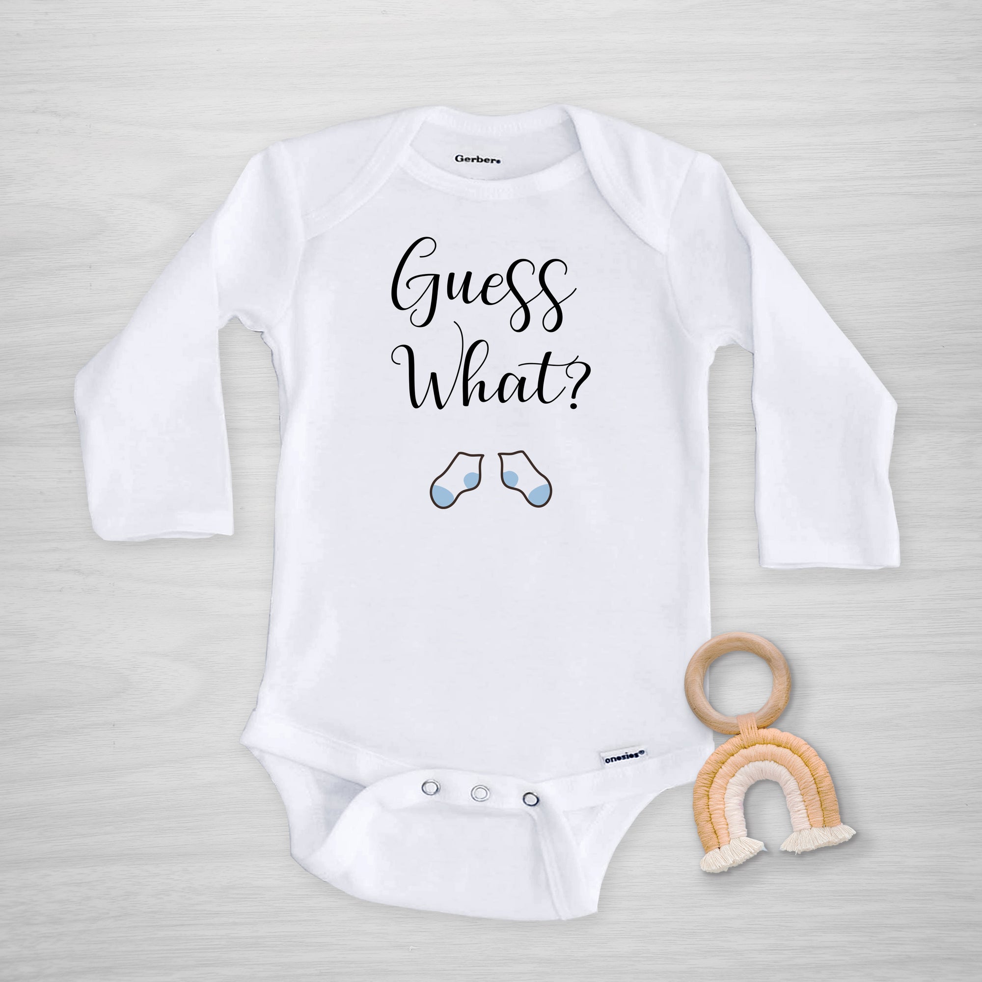 Guess What Pregnancy Announcement Gerber Onesie with blue socks, Pipsy.com, long sleeved