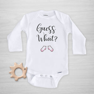 Guess What Pregnancy Announcement Gerber Onesie with Pink socks, Pipsy.com, long sleeved