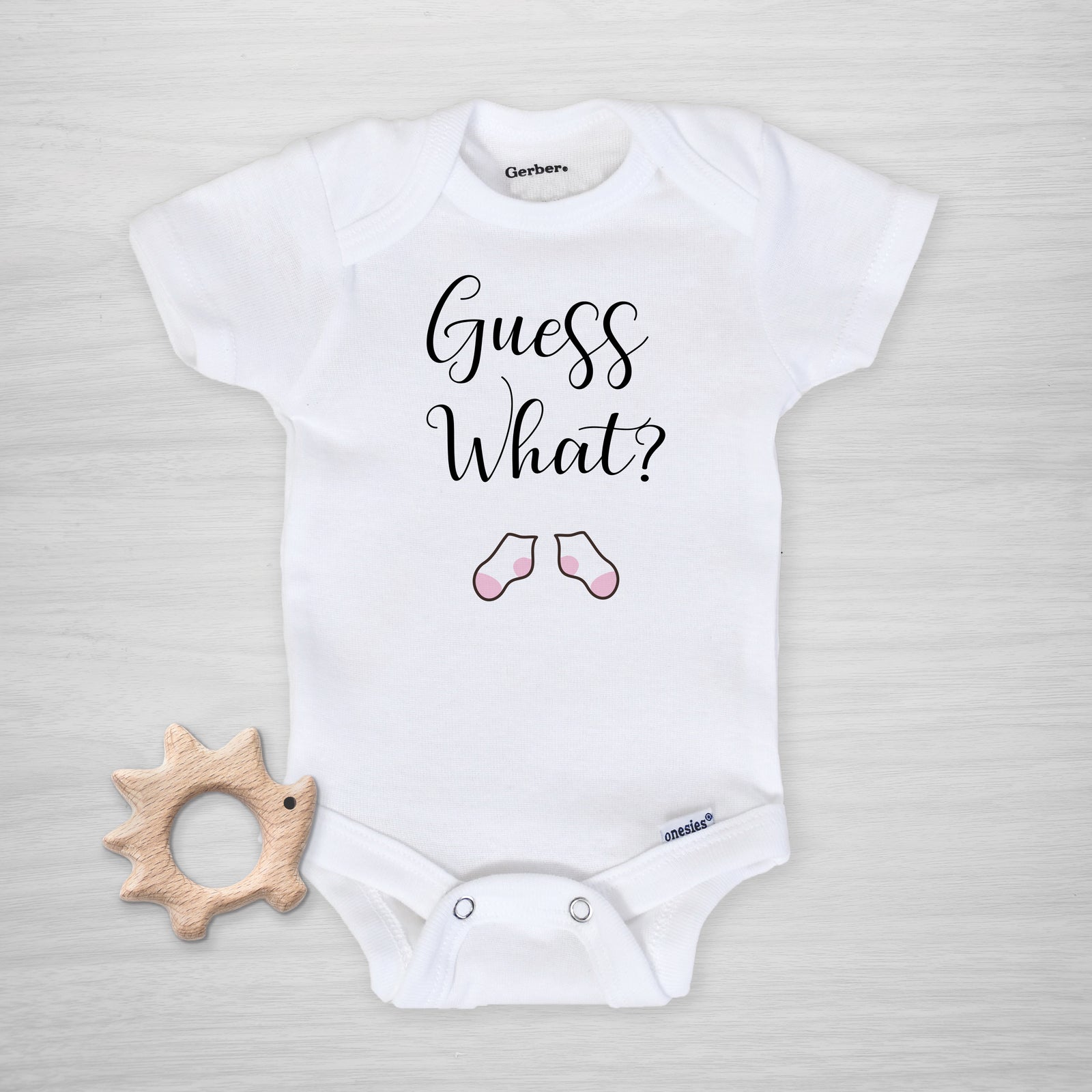 Guess What Pregnancy Announcement Gerber Onesie with Pink socks, Pipsy.com, long sleeved