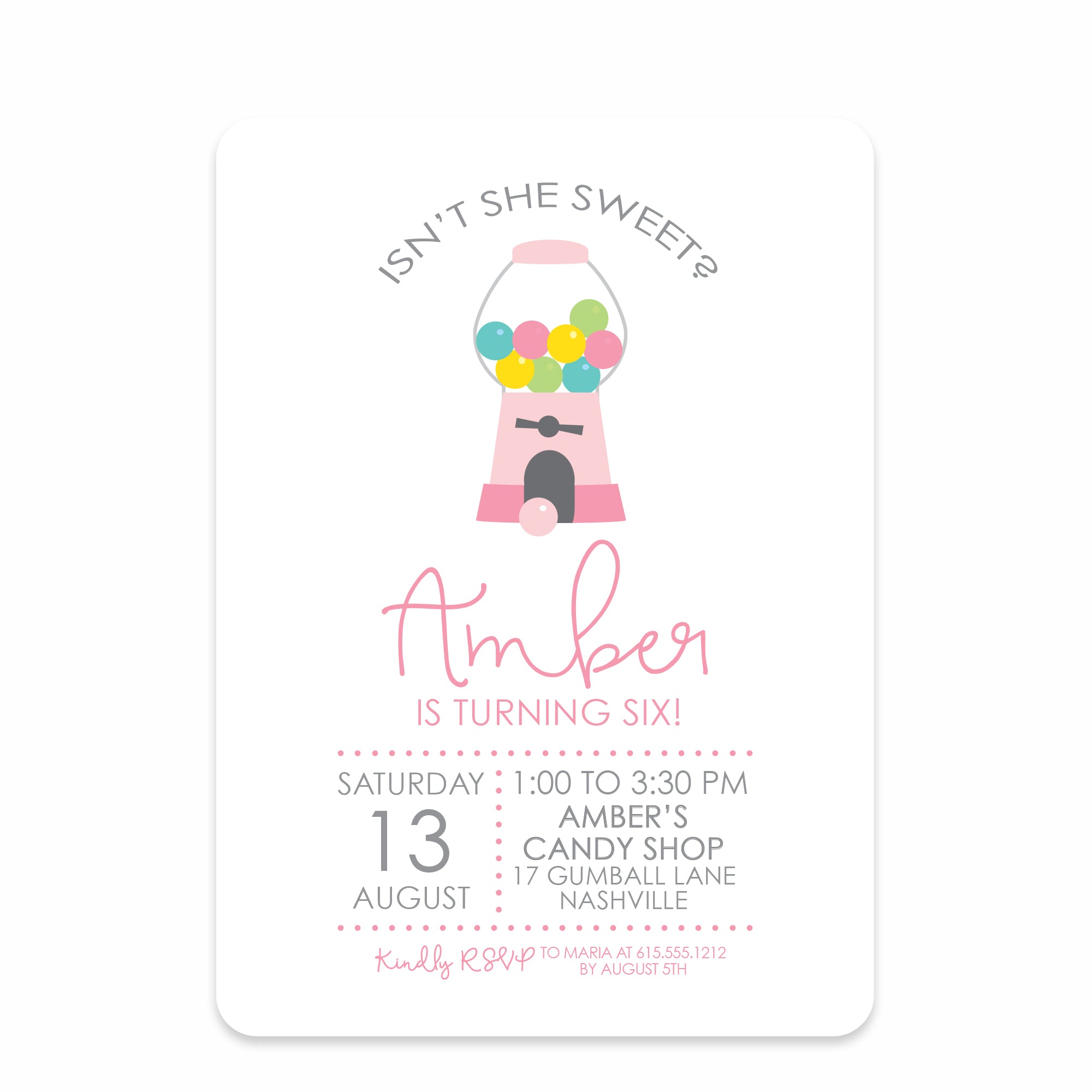Gumball Birthday Invitations, Candy Party, Printed on heavy cardstock, PIPSY.COM, front