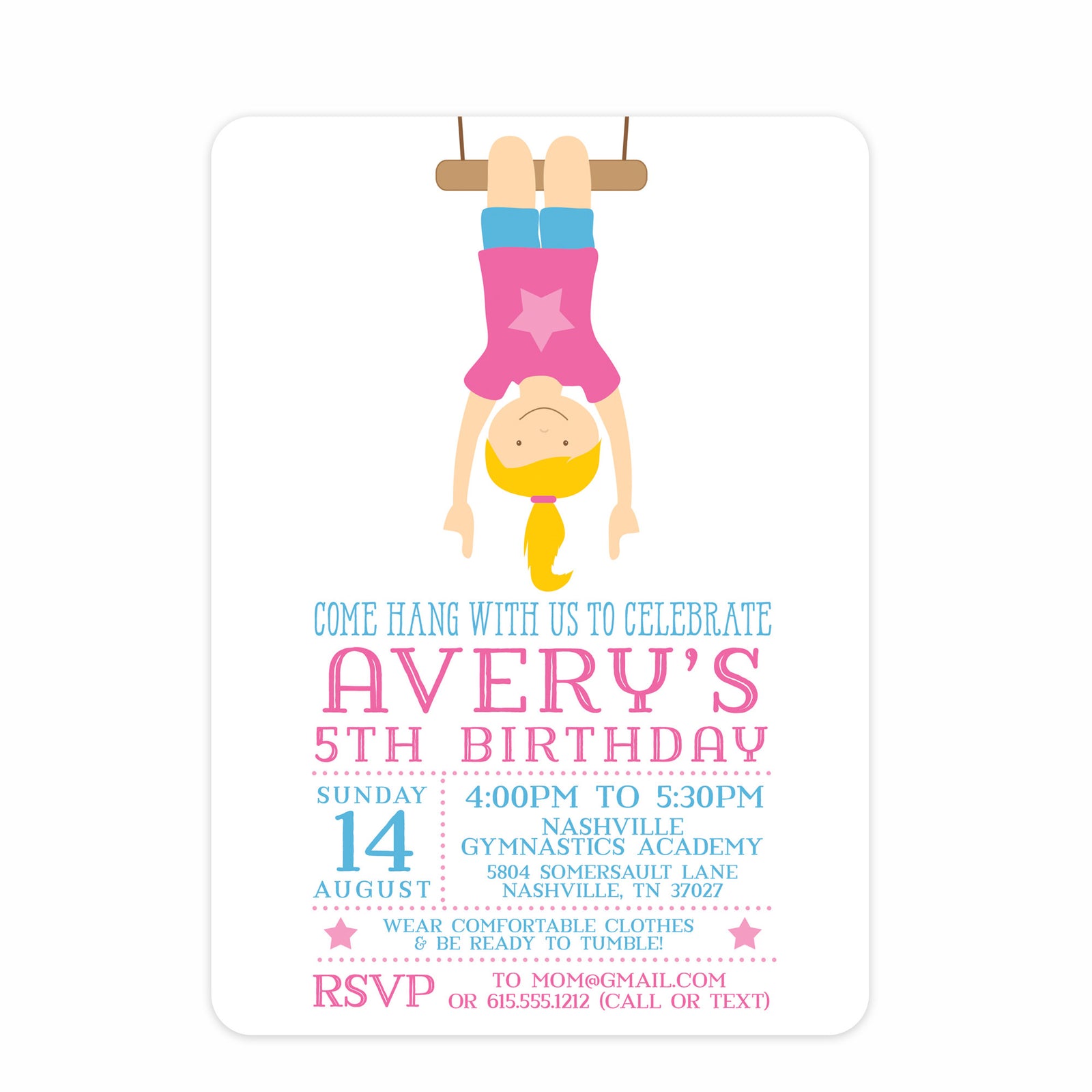 Gymnastics Birthday Party Invitation from Pipsy.com. Printed on heavyweight cardstock