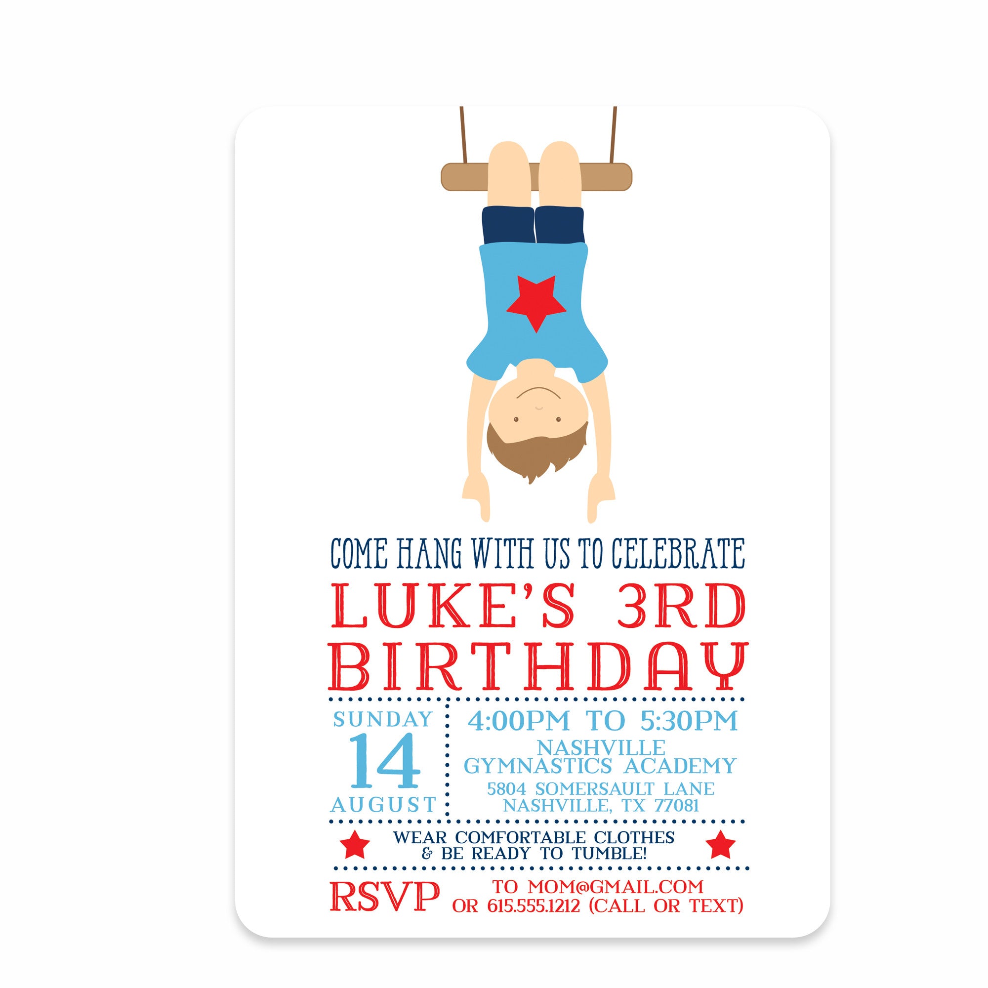 Gymnastics Birthday Invitations, Blue (Printed) - Pipsy gymnastics-birthday-invitations-blue-printed-pipsy
