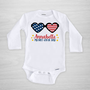 4th of July Personalized Onesie, Heart Sunglasses, long sleeved