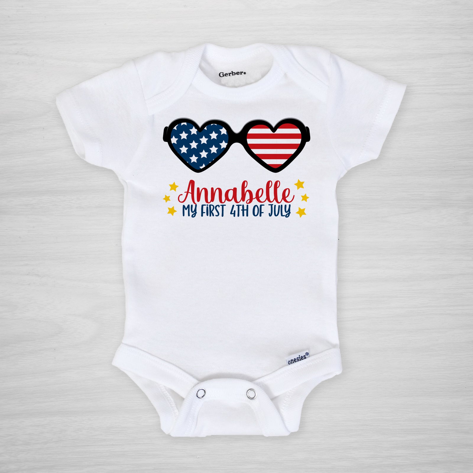 4th of July Personalized Onesie, Heart Sunglasses short sleeved