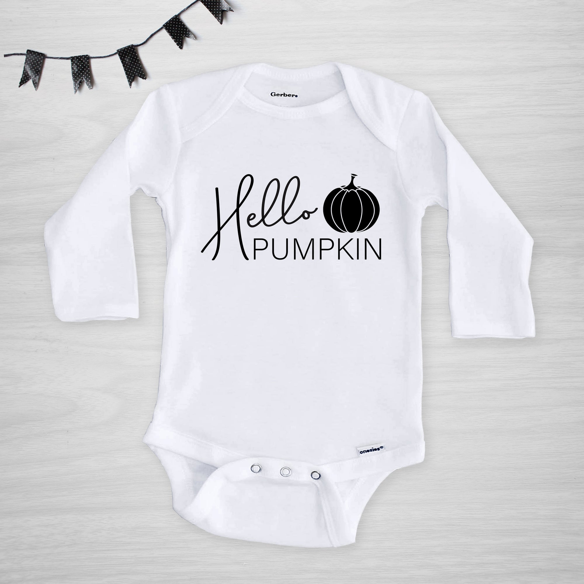 Hello Pumpkin Halloween Onesie in black and white, Pipsy.com, short sleeved