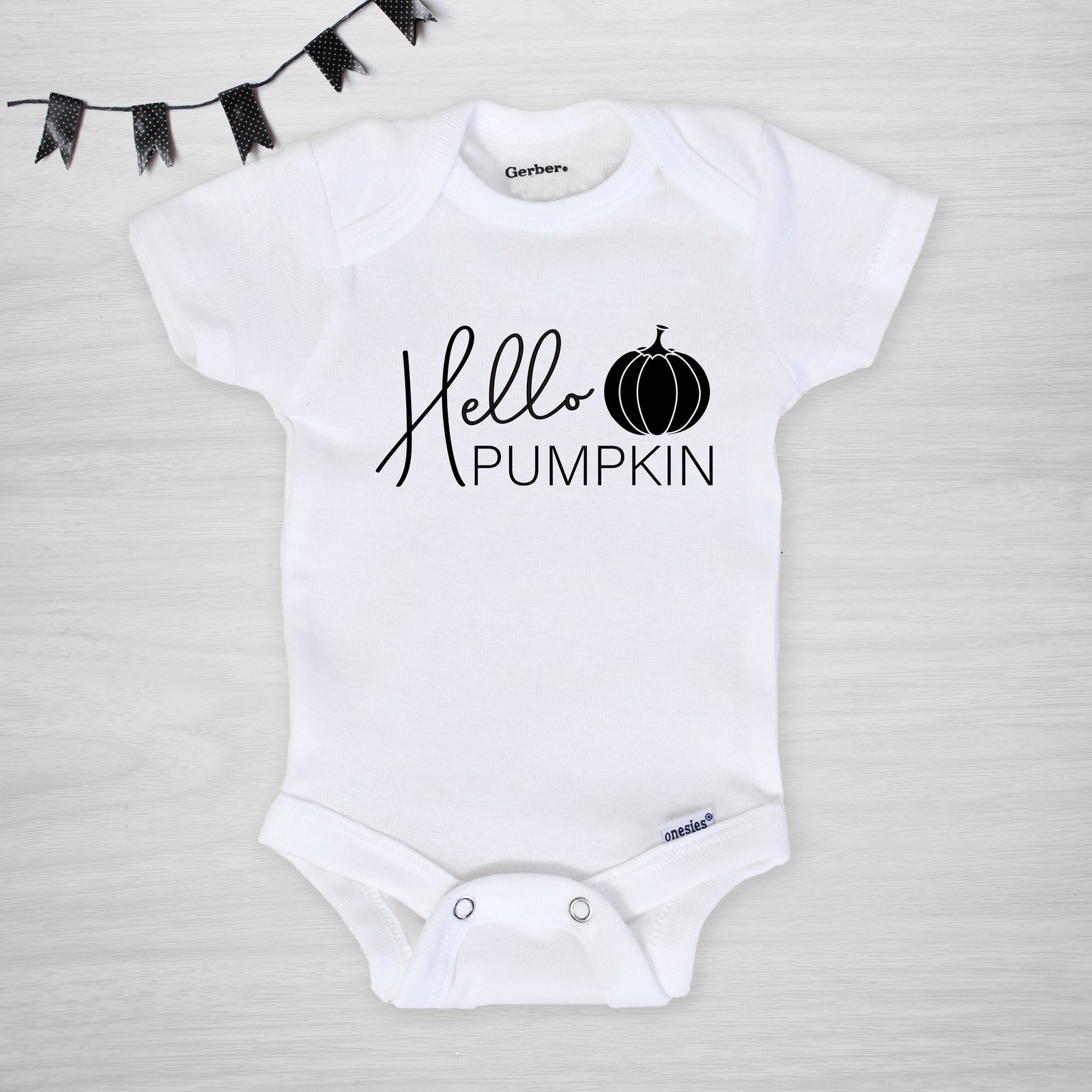 Hello Pumpkin Halloween Onesie in black and white, Pipsy.com, short sleeved