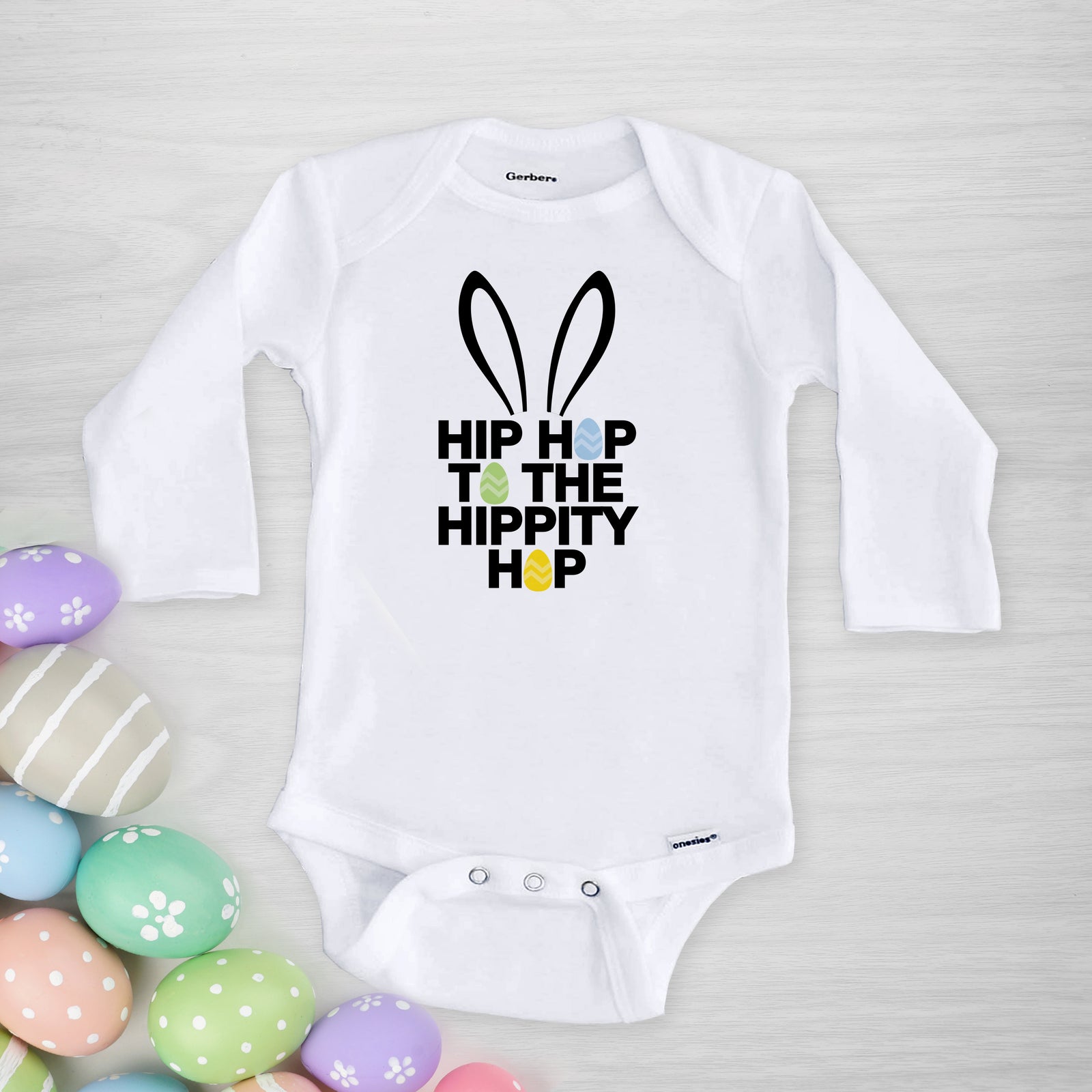Hip Hop to the Hippity Hop Gerber Onesie®, hand printed in Pipsy's Nashville Studio, long sleeved