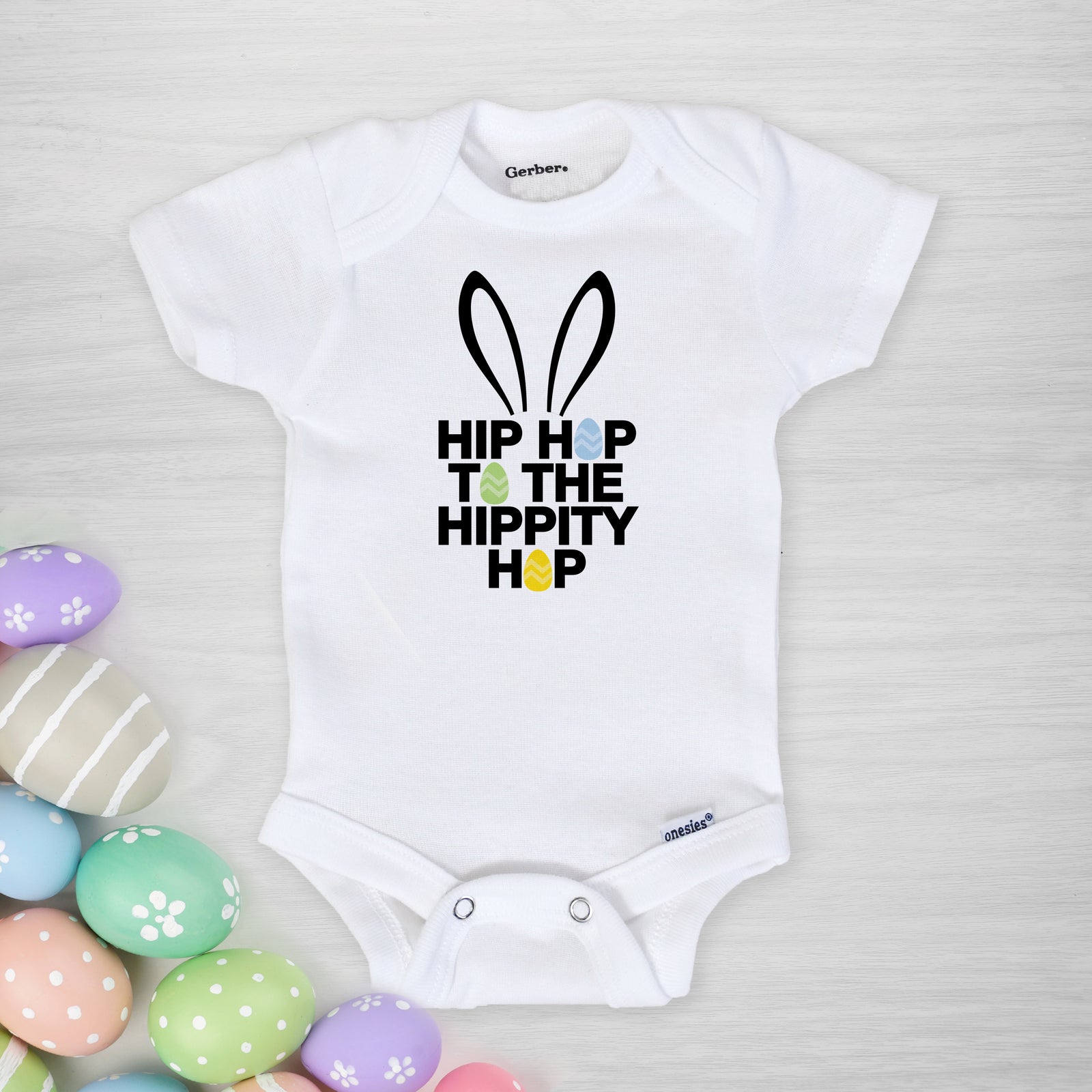 Hip Hop to the Hippity Hop Gerber Onesie®, hand printed in Pipsy's Nashville Studio, long sleeved