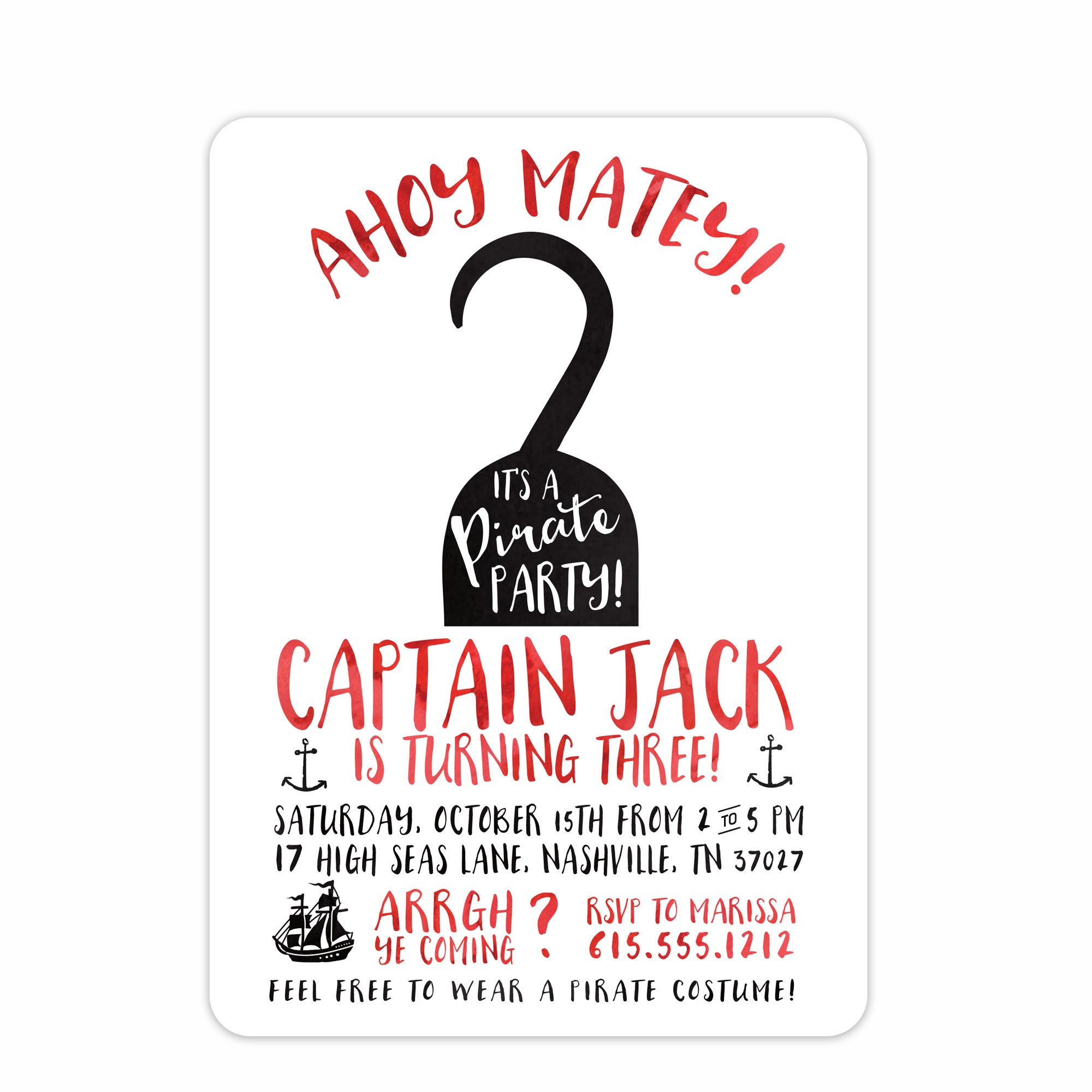 Hook Pirate Birthday Invitation, great for a pirate and mermaid party, or a pool party. Printed on premium heavyweight cardstock from Pipsy.com, front