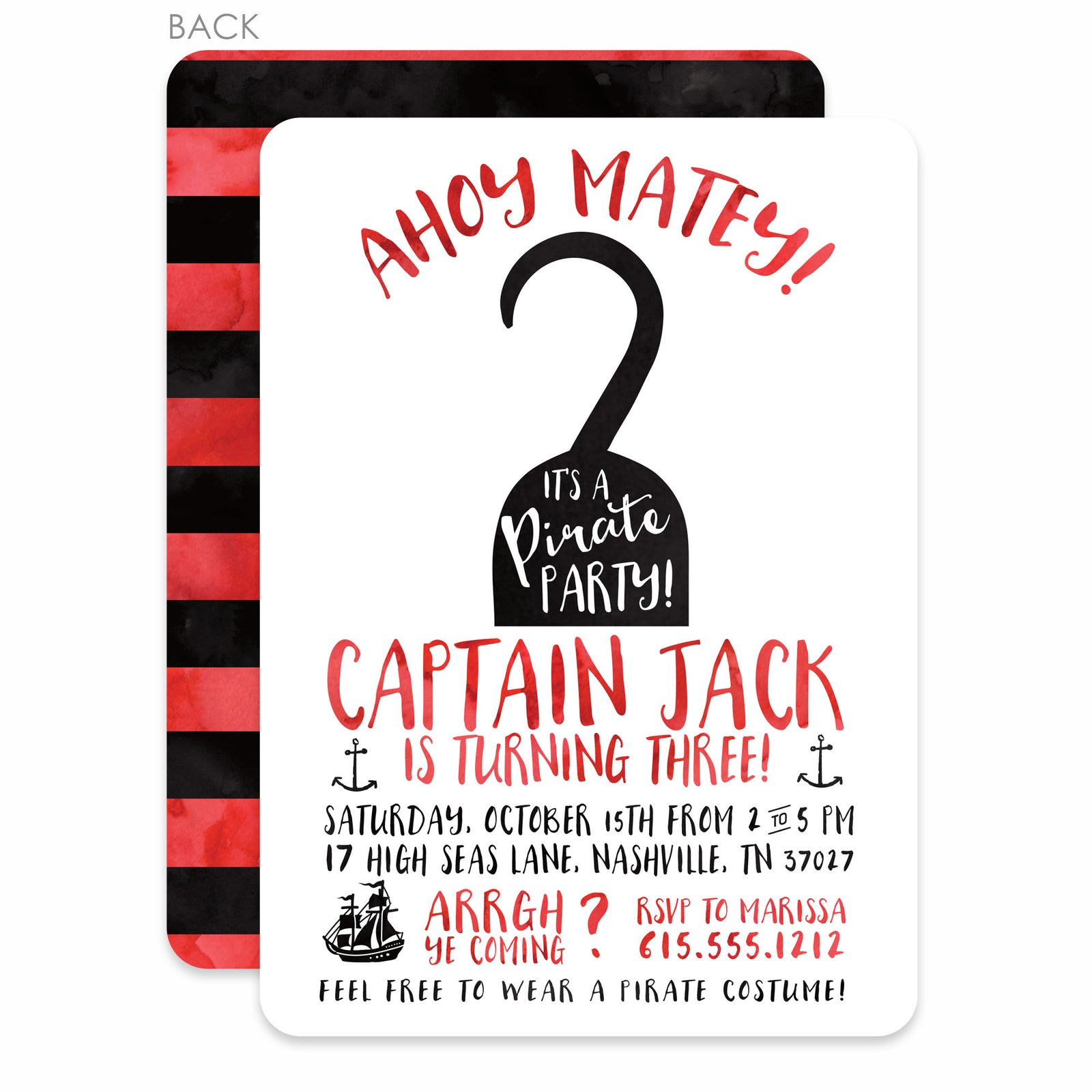 Hook Pirate Birthday Invitation, great for a pirate and mermaid party, or a pool party. Printed on premium heavyweight cardstock from Pipsy.com