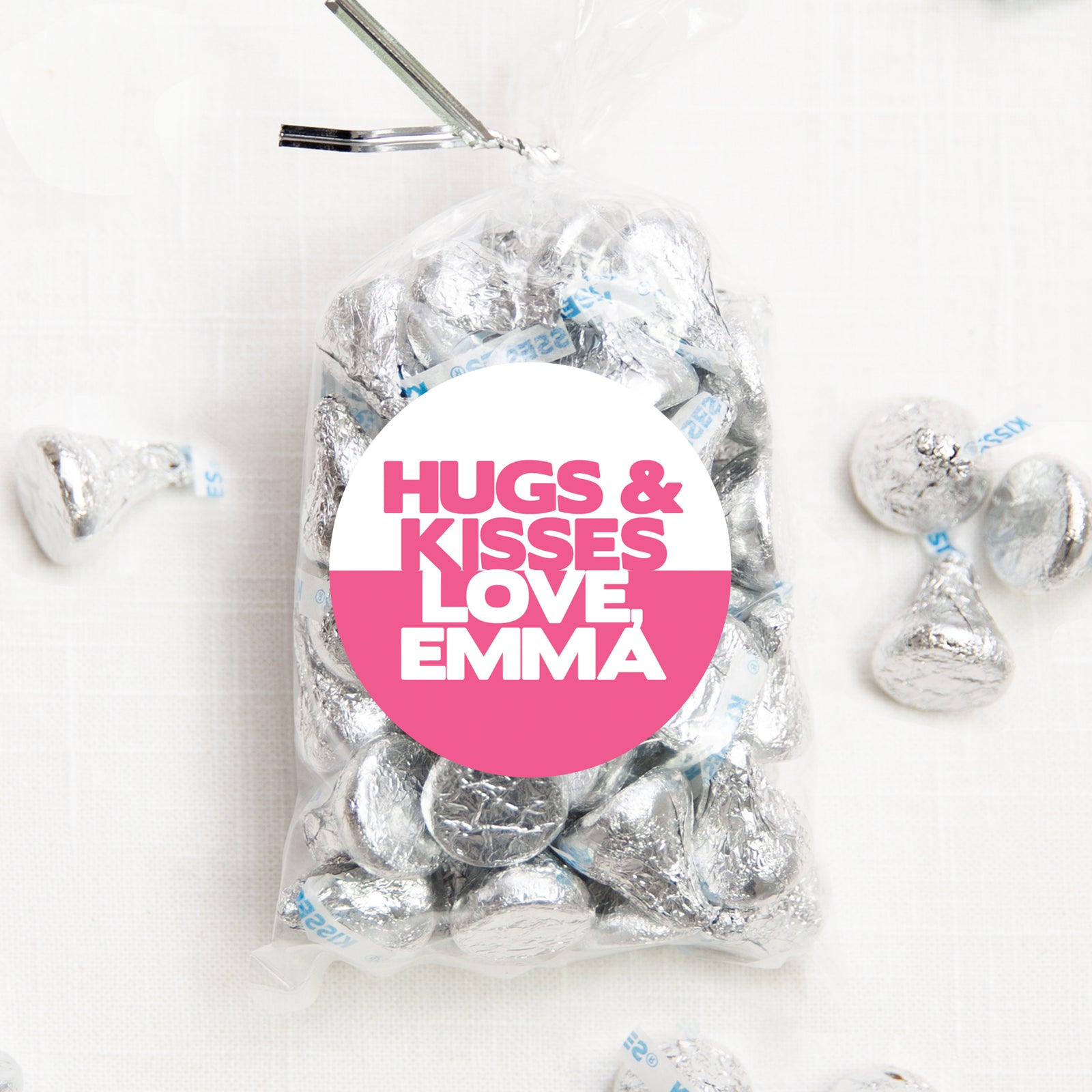 Valentine's Day Stickers, Be bold! Big hugs and kisses block letters 2.5" Round Valentine's Day Sticker for candy bag | Classroom Party | Personalized stickers | PIPSY.COM