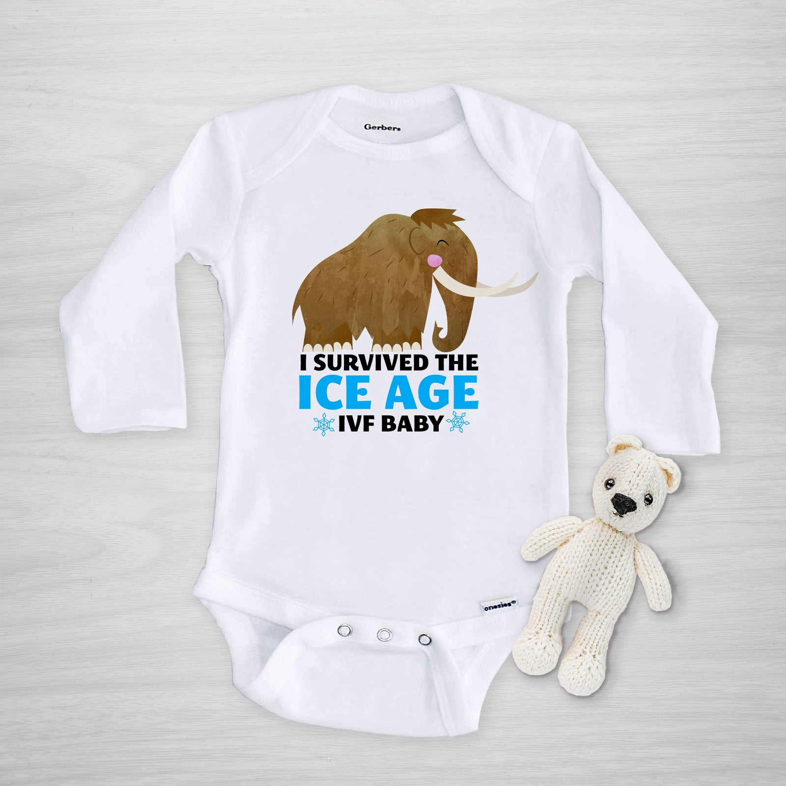I survived the Ice Age, IVF Onesie, Wooly Mammoth Dinosaur, genuine Gerber Onesie®, long sleeved, PIPSY.COM
