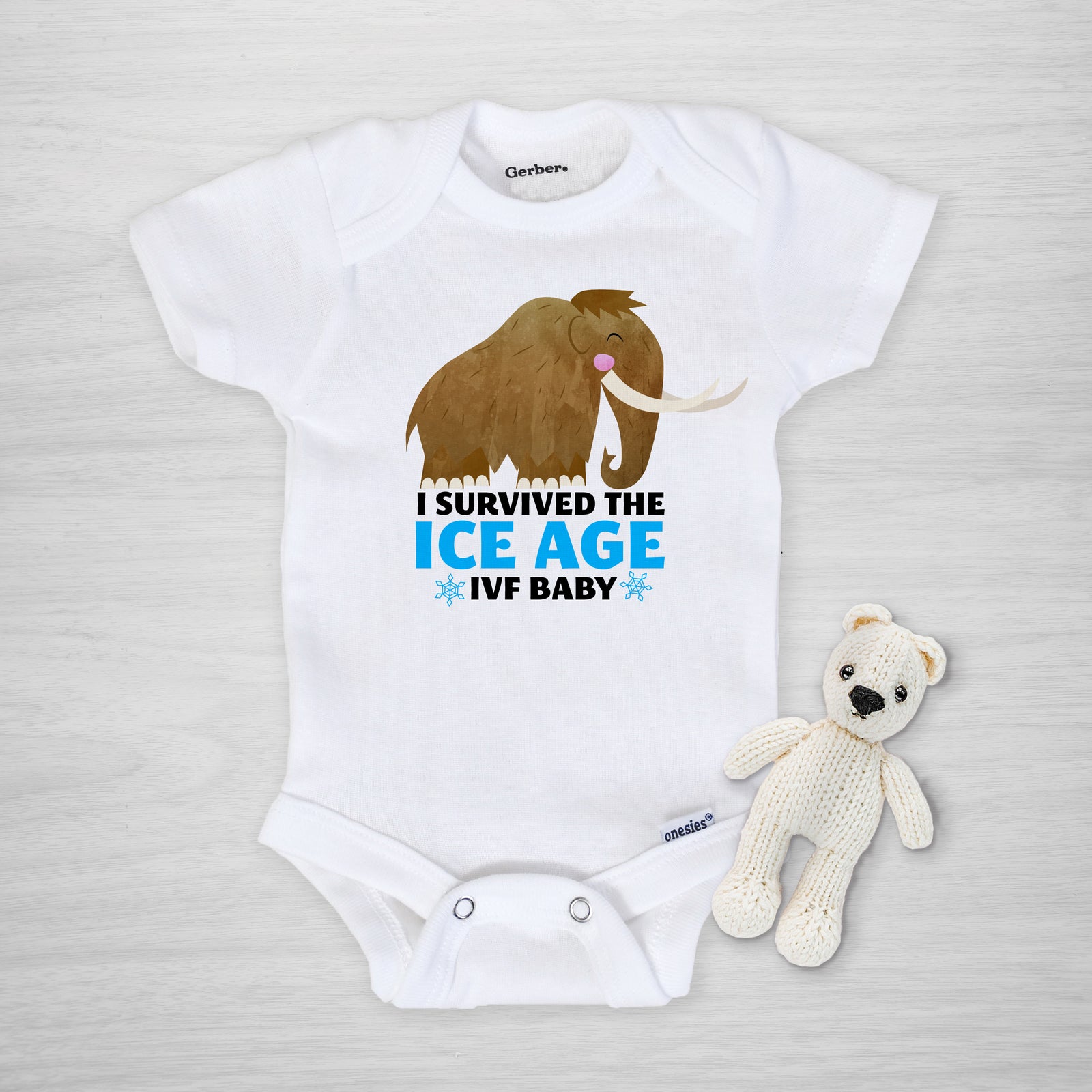 I survived the Ice Age, IVF Onesie, Wooly Mammoth Dinosaur, genuine Gerber Onesie®, long sleeved, PIPSY.COM
