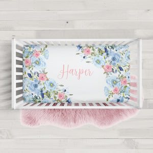 Blue and Pink Floral Personalized Crib Sheet | PIPSY.COM