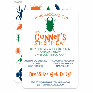 Bug Birthday Invitation featuring an assortment of insects and spiders. Great for a party at a nature center. Printed on thick cardstock, with 2 sided printing, rounded corners. Includes envelopes, 