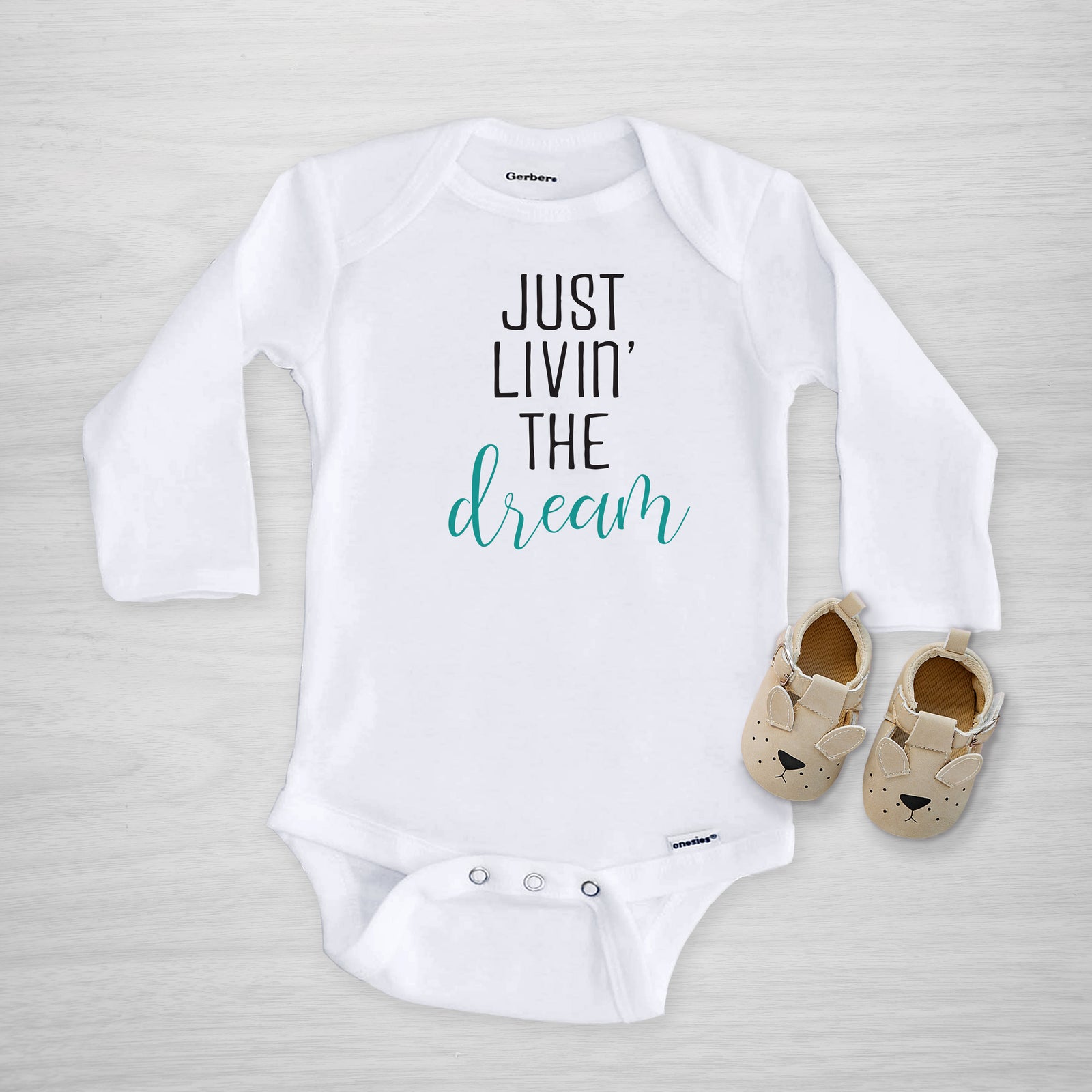 Just livin' the dream onesie, choose custom text color, short sleeved