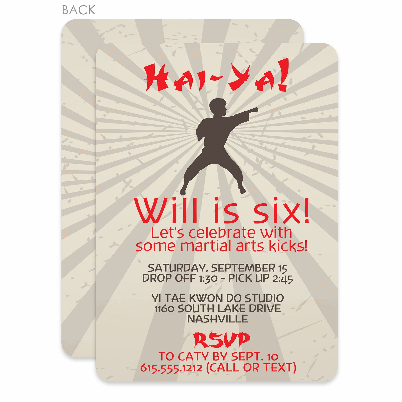 Karate Birthday Invitation, for Martial Arts or Tae Kwondo Party, Printed on heavyweight premiu cardstock from Pipsy.com