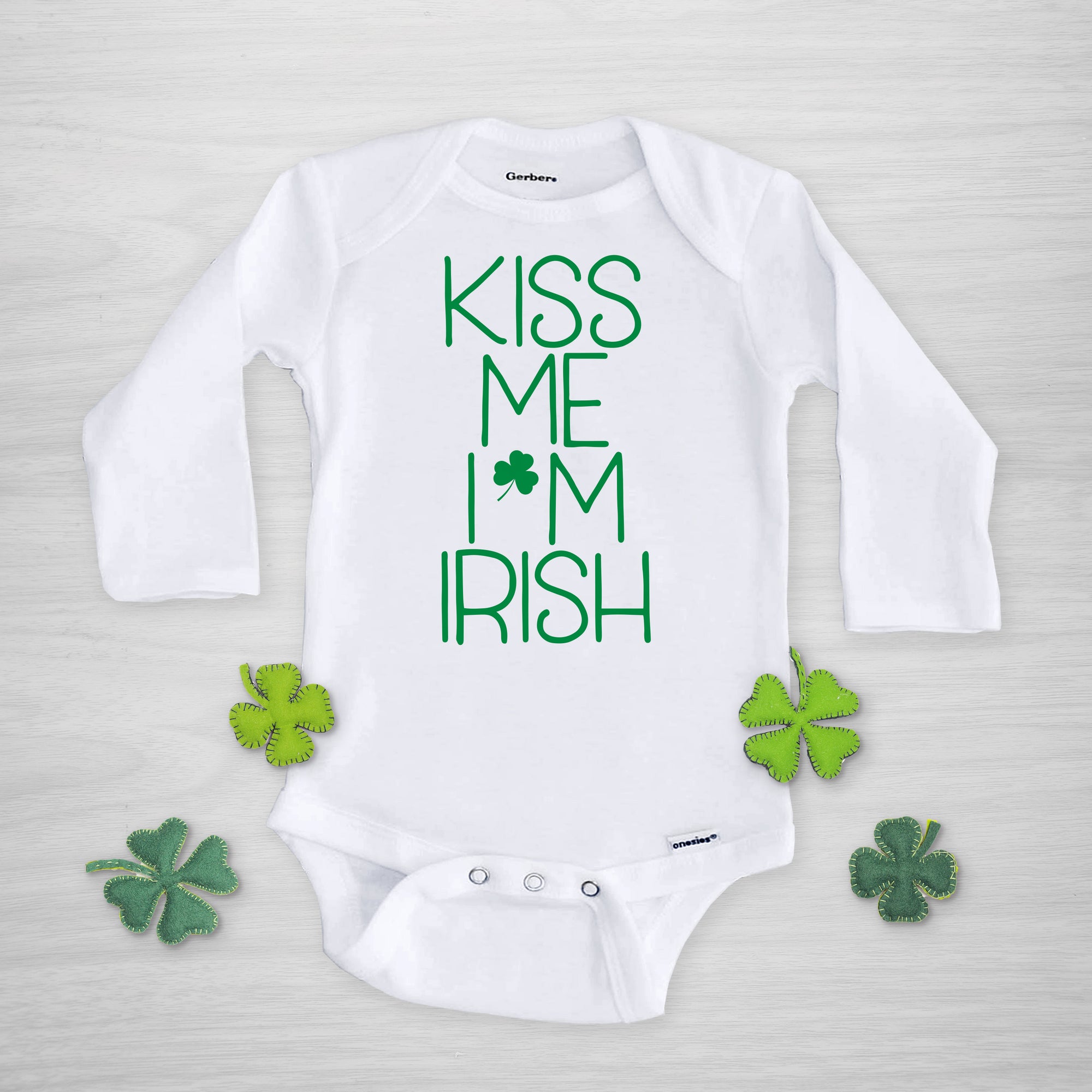 Kiss me I'm Irish St Patrick's Day Gerber Onesie, long sleeved