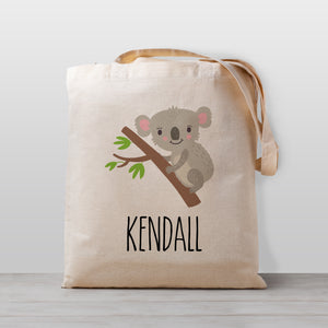 Kids personalized tote bag with cute koala bear on a branch