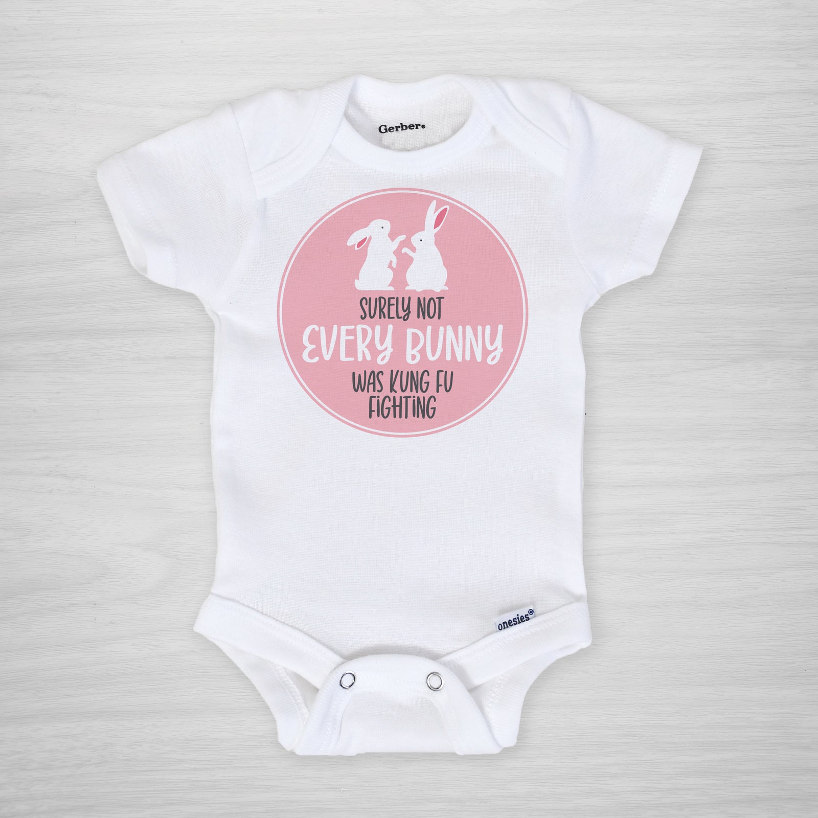 Surely Not Every Bunny Was Kung Fu Fighting Easter Gerber Onesie, long sleeved, pink