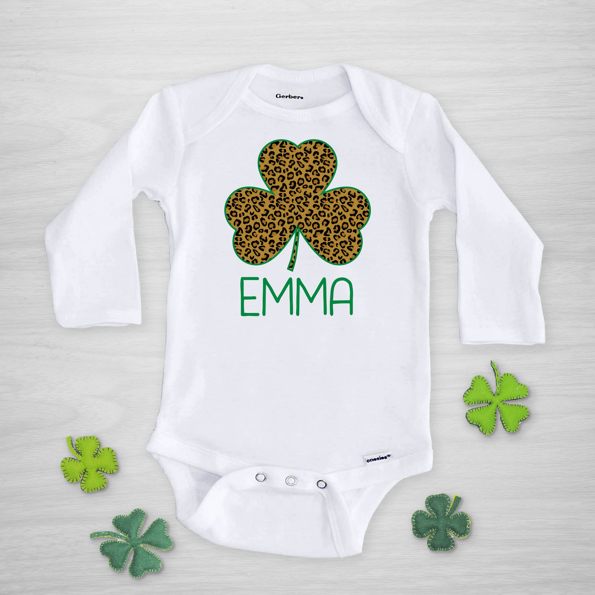 Leopard Print Shamrock Personalized Gerber Onesie for St. Patrick's Day, long sleeved