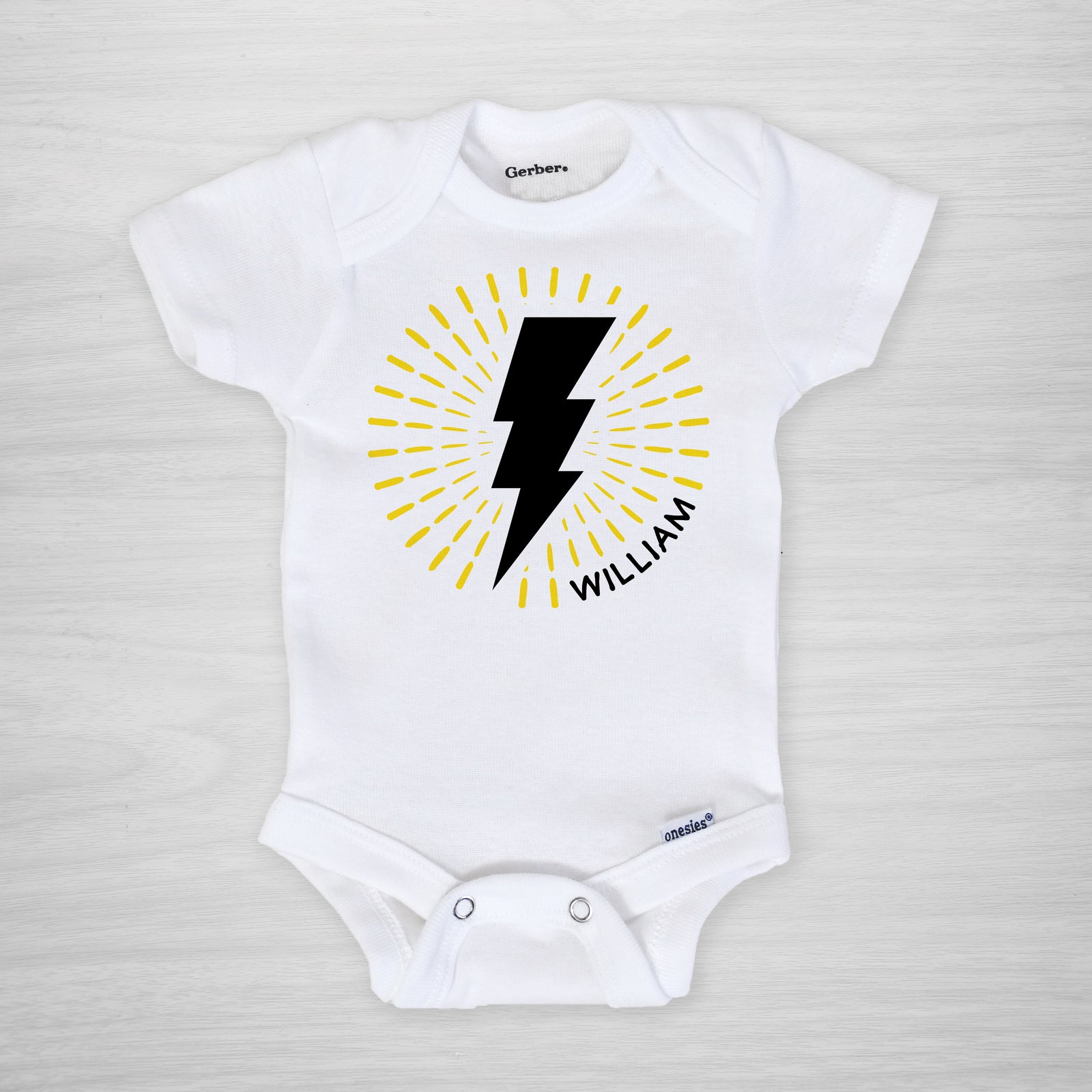 Lightning Bolt Personalized Gerber Onesie, Pick your own color scheme, short sleeved, Pipsy.coom