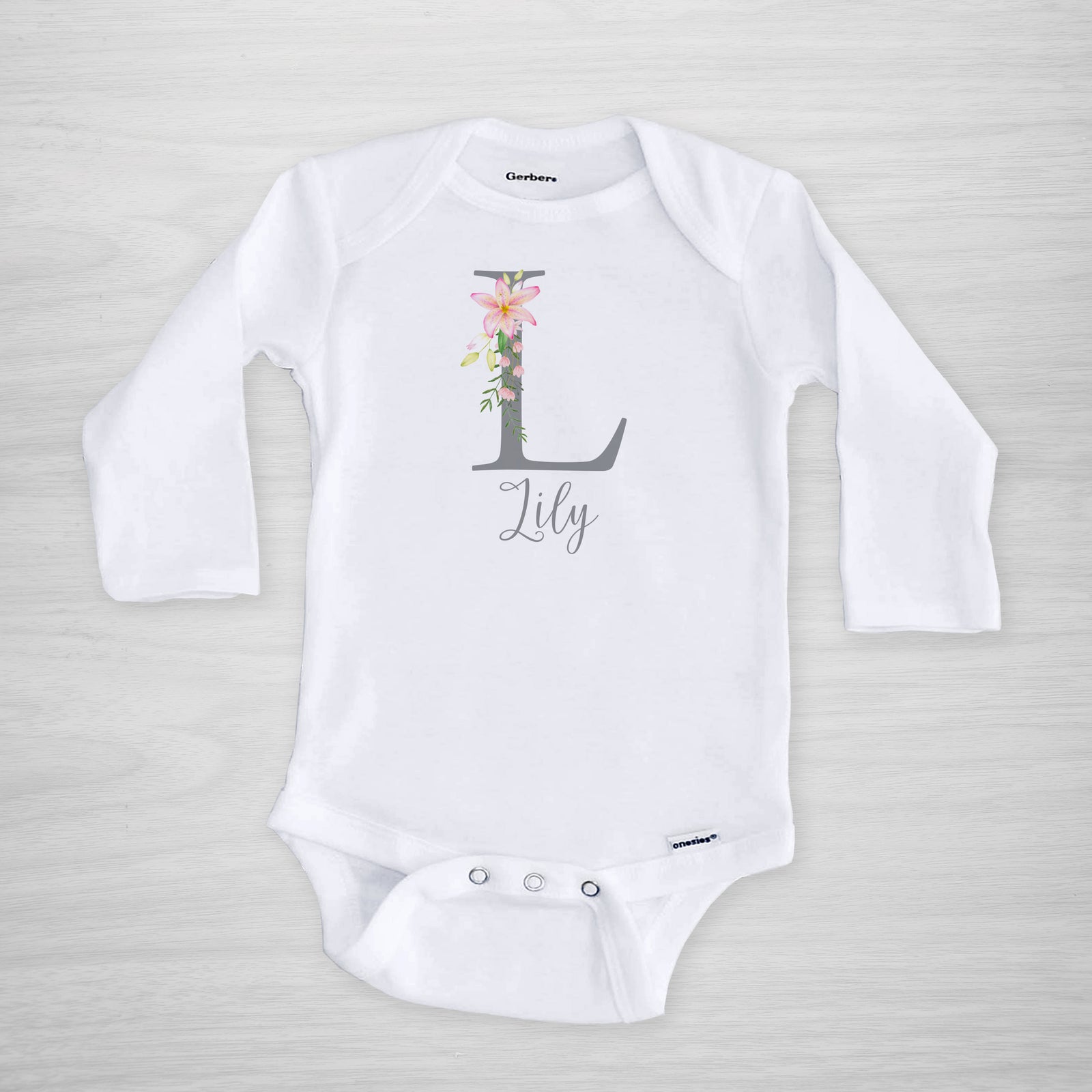 Lily Initial Onesie, Personalized with name, long sleeved