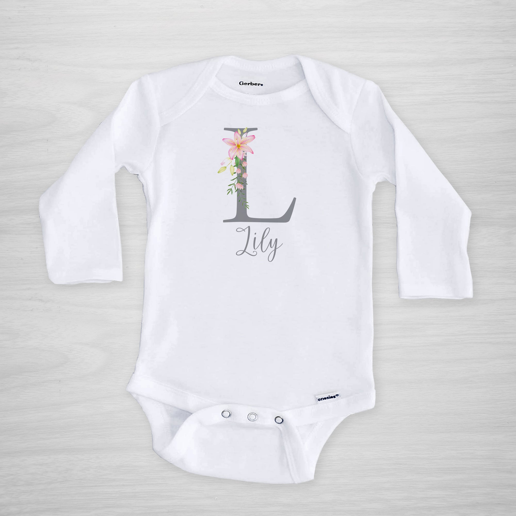 Lily Initial Onesie, Personalized with name, long sleeved
