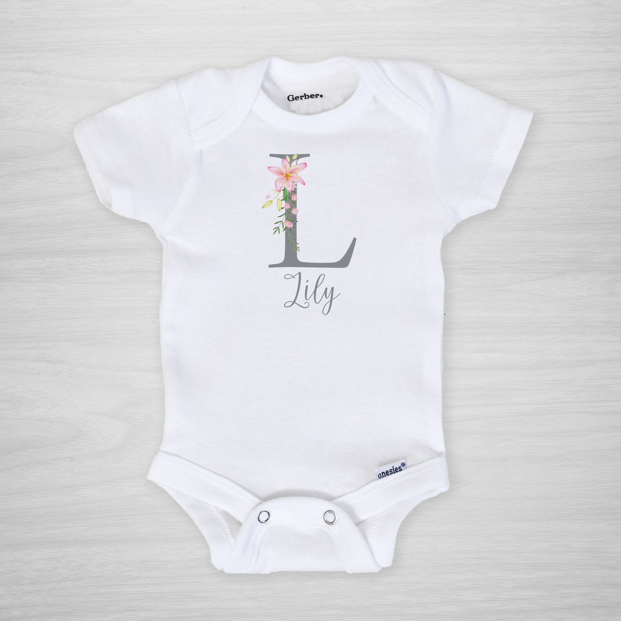 Lily Initial Onesie, Personalized with name, short sleeved