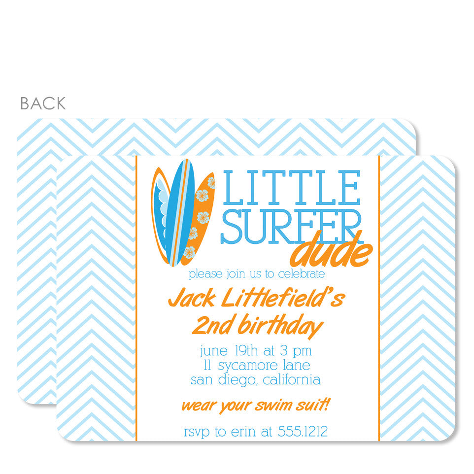 Little Surfer Dude Birthday Party Invitation, Printed on premium heavyweight cardstock with surf boards, Pipsy.com 