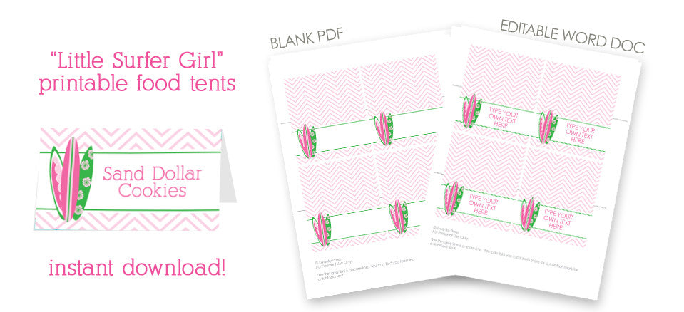 little surfer girl surfboard pink printable food tents