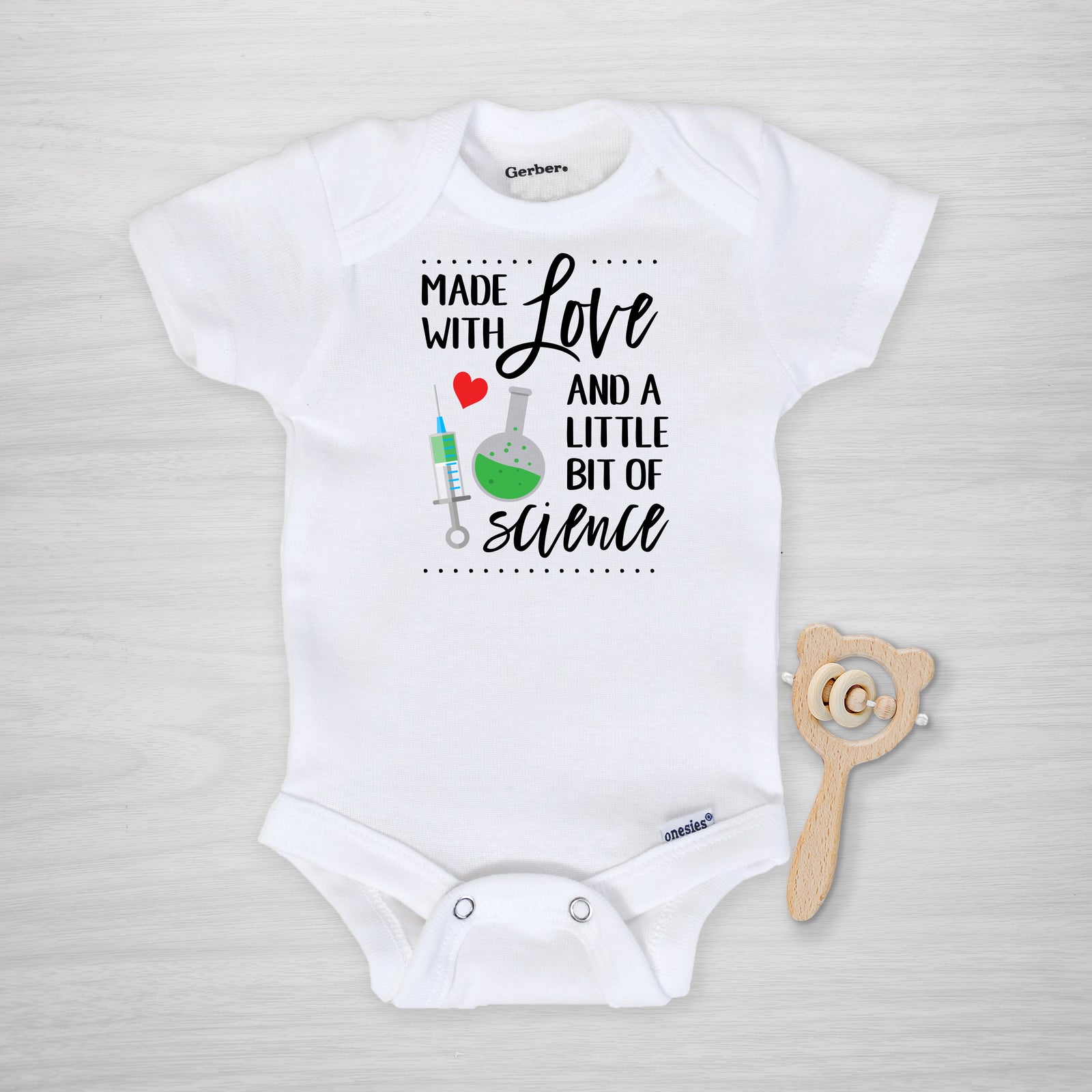 Made with Love and a little bit of Science Onesie, IVF Rainbow Baby, genuine Gerber Onesie®, short sleeved, Pipsy.com