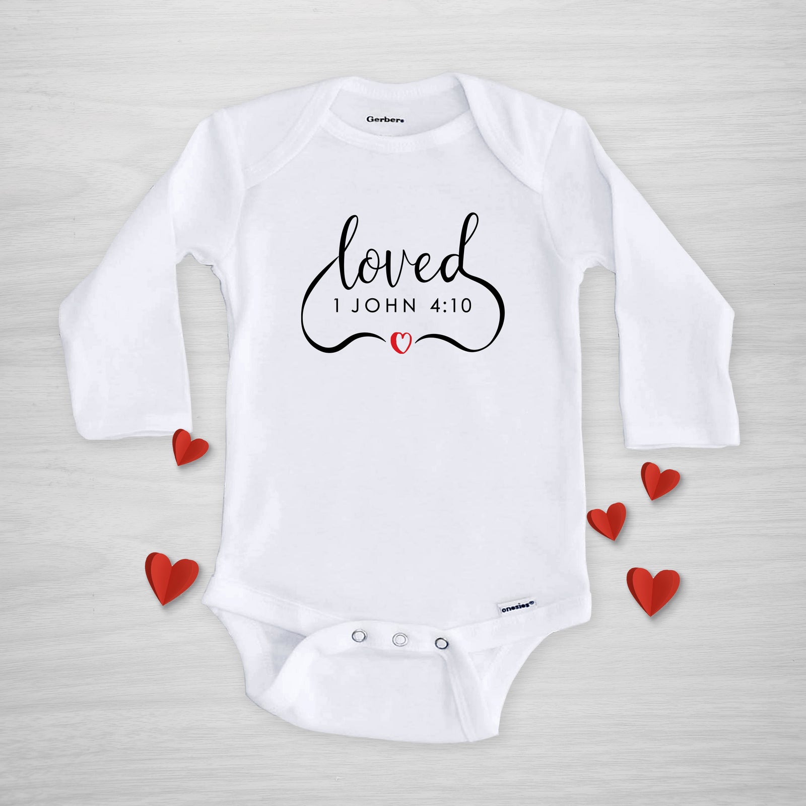 Loved Onesie, 1 John 4:10 Bible Verse, Gerber Onesie from Pipsy.com, short sleeved