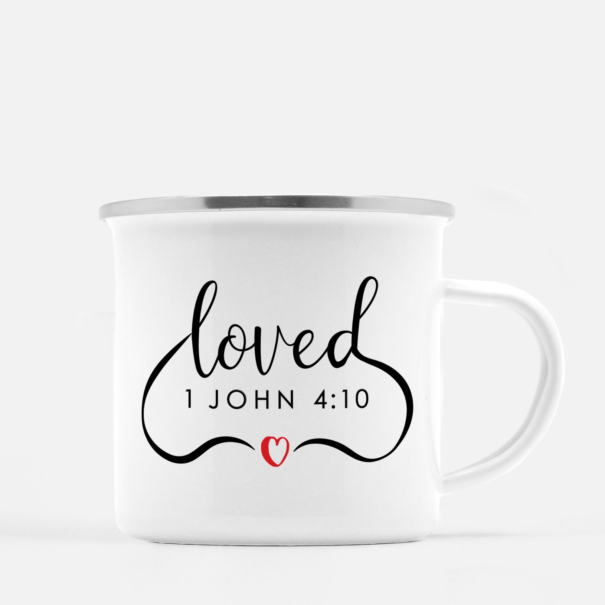 White enamel 12 oz metal camp mug with silver lip | 1 John 4:10 "Loved" in flowing script | Valentine's Day gift