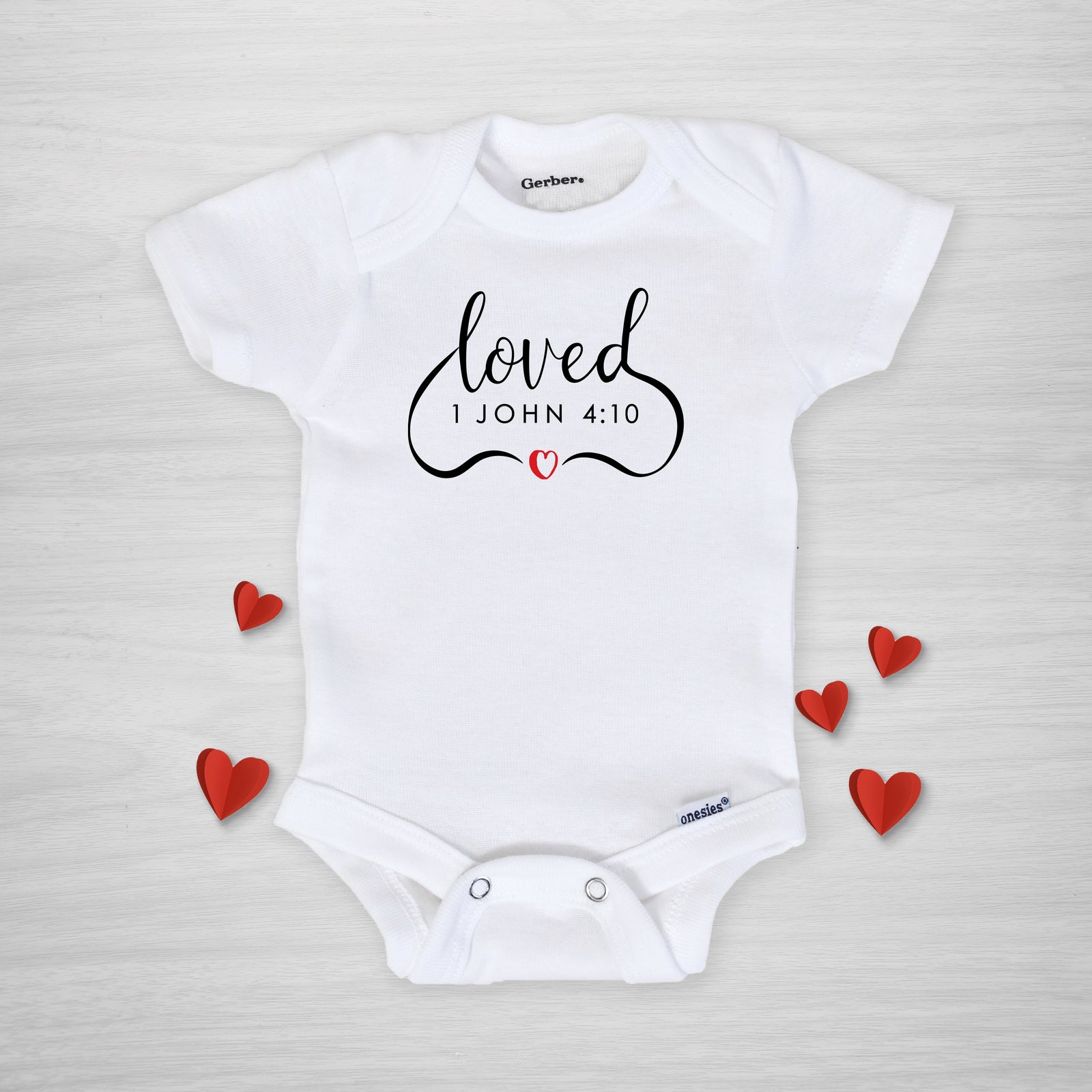 Loved Onesie, 1 John 4:10 Bible Verse, Gerber Onesie from Pipsy.com, short sleeved