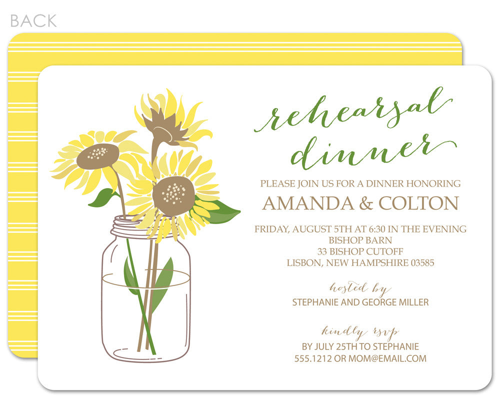 Sunflowers in a mason jar rehearsal dinner invitations