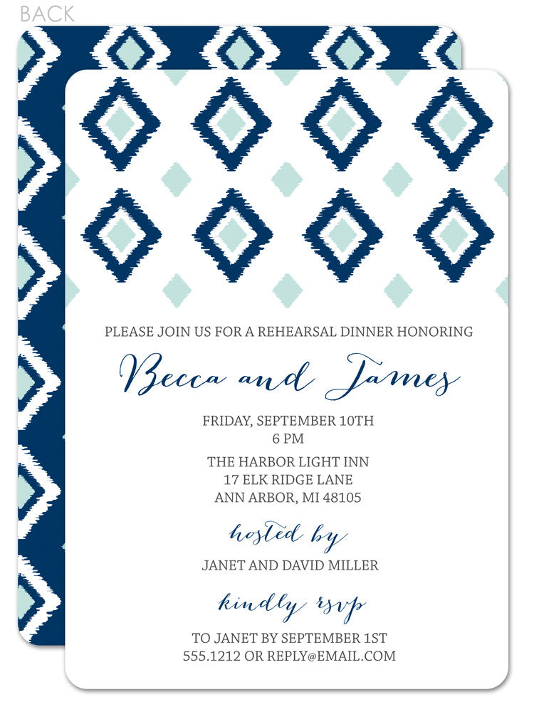 Ikat invitation for rehearsal dinner in navy and mint