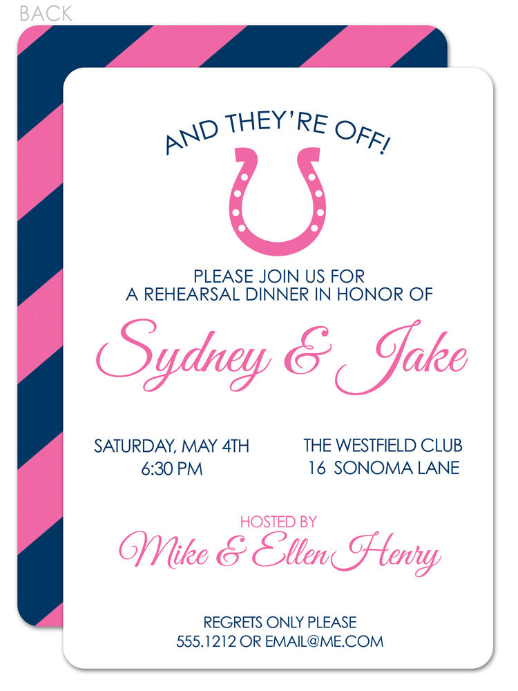 Horse shoe with pink and blue diagonal stripe rehearsal dinner invitation